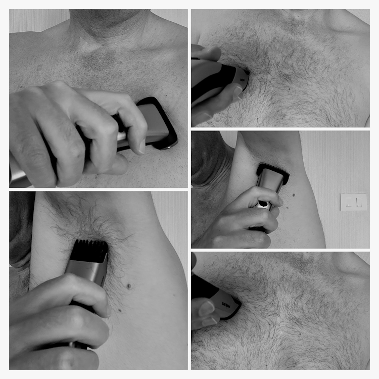 collage of author Jason body grooming with Philips Norelco Bodygroom 7000 Series