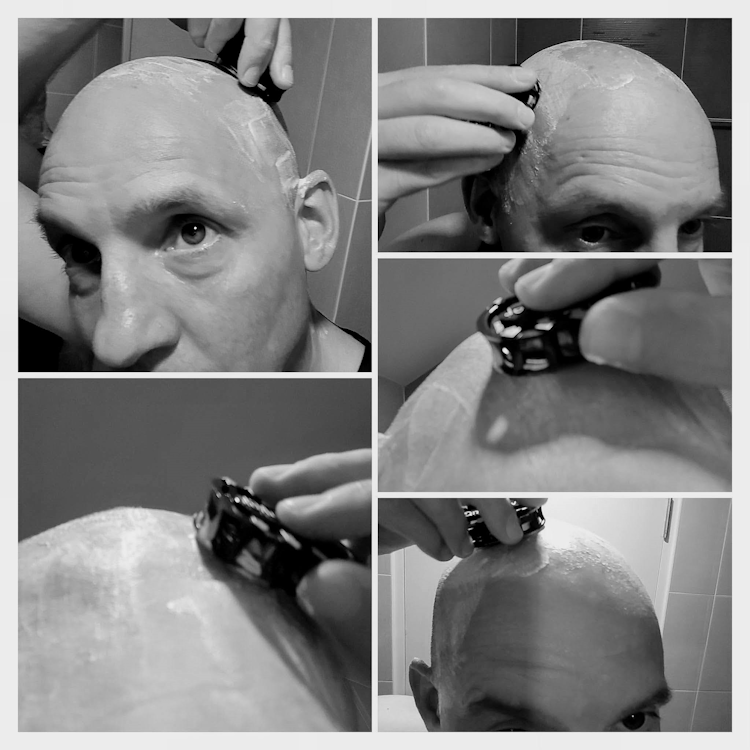 collage of author Jason head shaving with the OmniShaver Premium