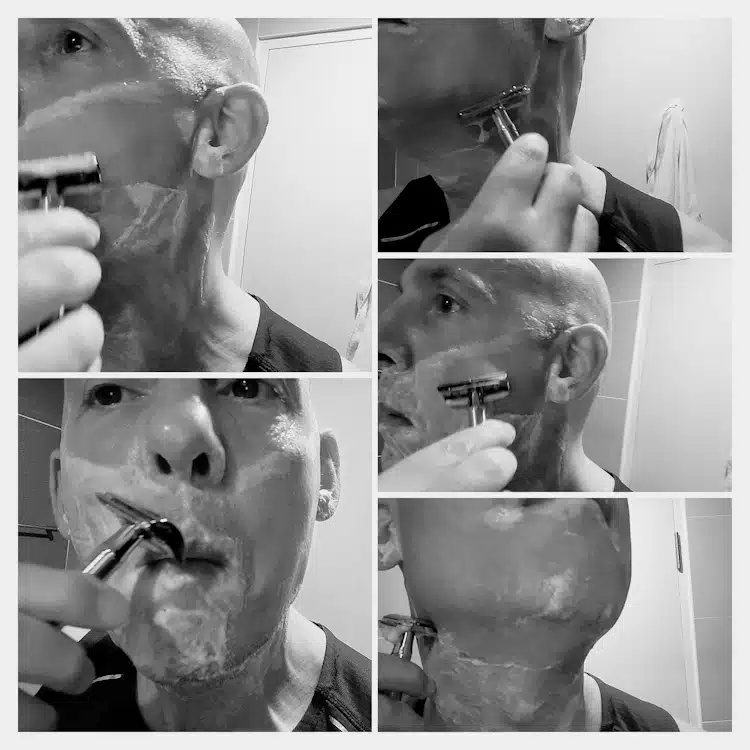 collage of author Jason shaving with the King C. Gillette Safety Razor in bathroom