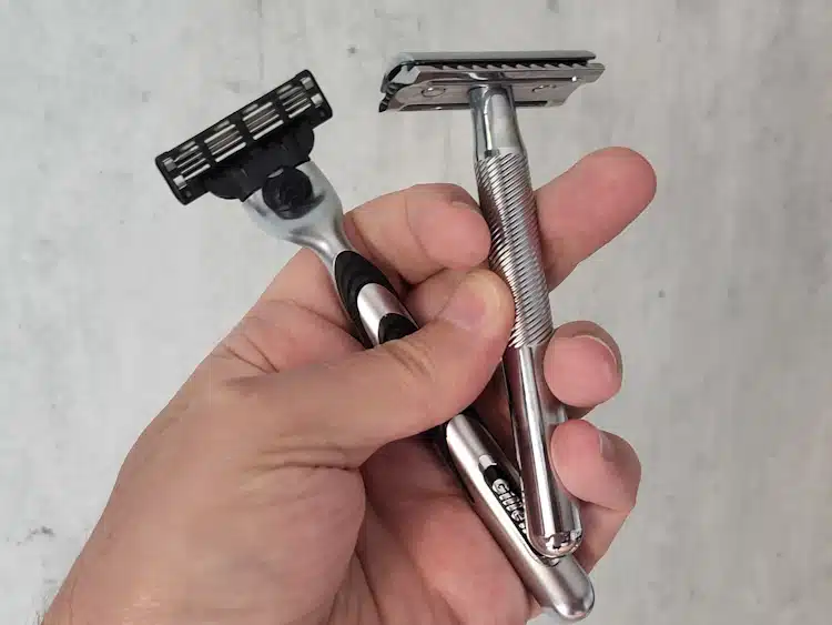 safety razor and cartridge razor held next to each other for comparison