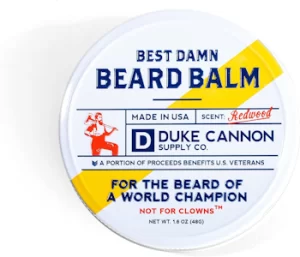 Duke Cannon Best Damn Beard Balm tub on white background