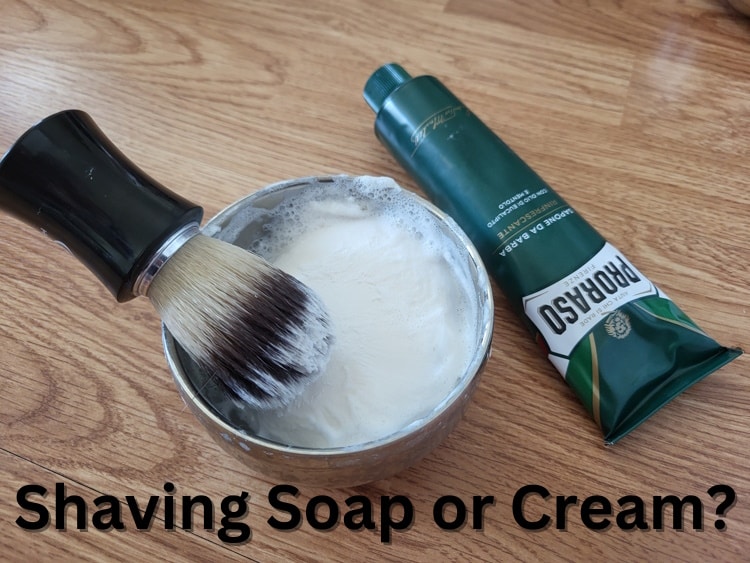 Proraso shaving cream tube next to shaving bowl and brush with text
