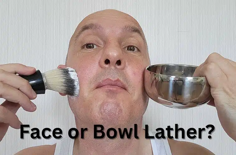 author Jason with shaving bowl and shaving brush next to face