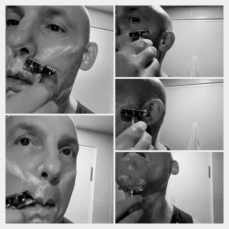 collage of author Jason shaving with the Fatip Storto Original Open Comb Slant Razor