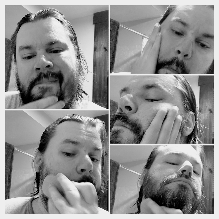 collage of author Robert applying Best Damn Beard Balm on his beard