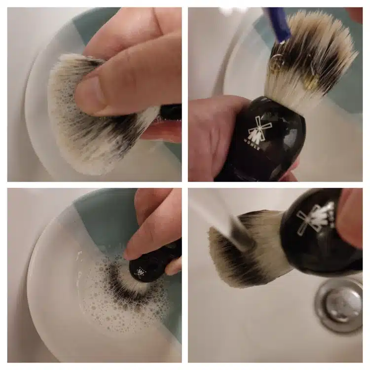 collage of cleaning a shaving brush in a bowl