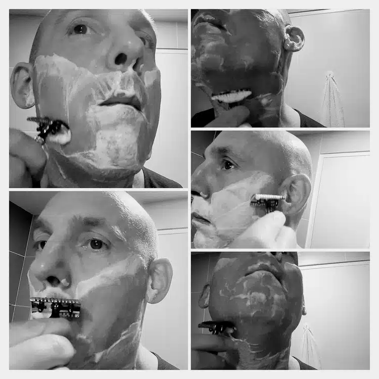 collage of author Jason shaving with the FaTip Piccolo Special Edition Razor