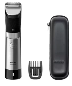 Philips 9000 Series Prestige beard trimmer on white background with case and comb