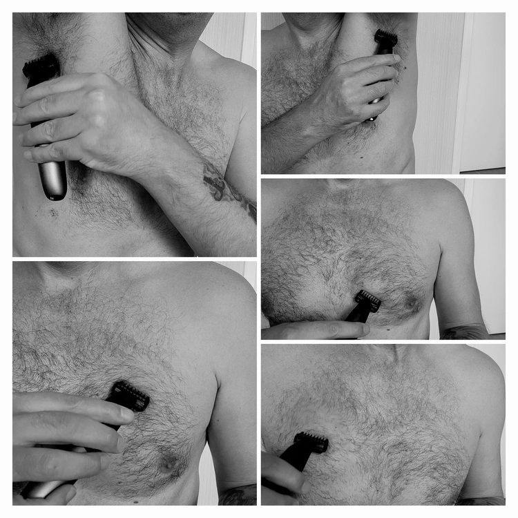 collage of author Jason body grooming chest and armpits with the Braun XT5
