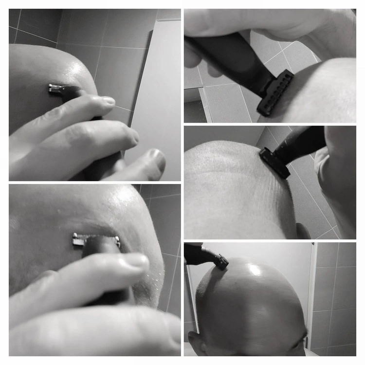 collage of author Jason head shaving with the Braun XT5