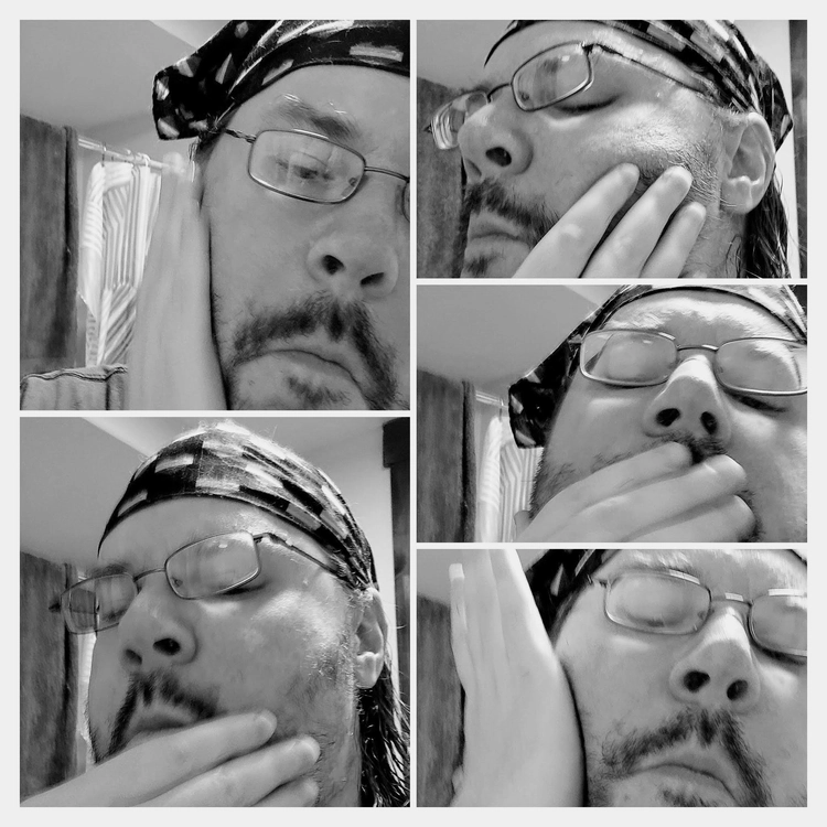 collage of author Robert applying King C Gillette Beard Oil on his beard