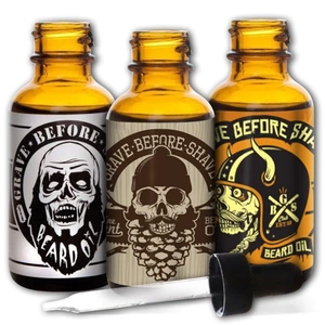 three Grave Before Shave Beard Oil bottles next to each other on white background