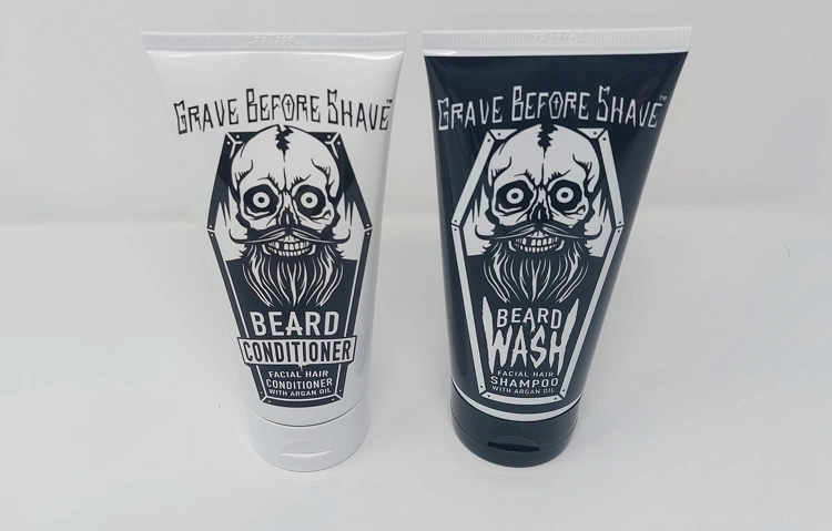 Grave Before Shave Beard Wash Shampoo and Conditioner tubes next to each other
