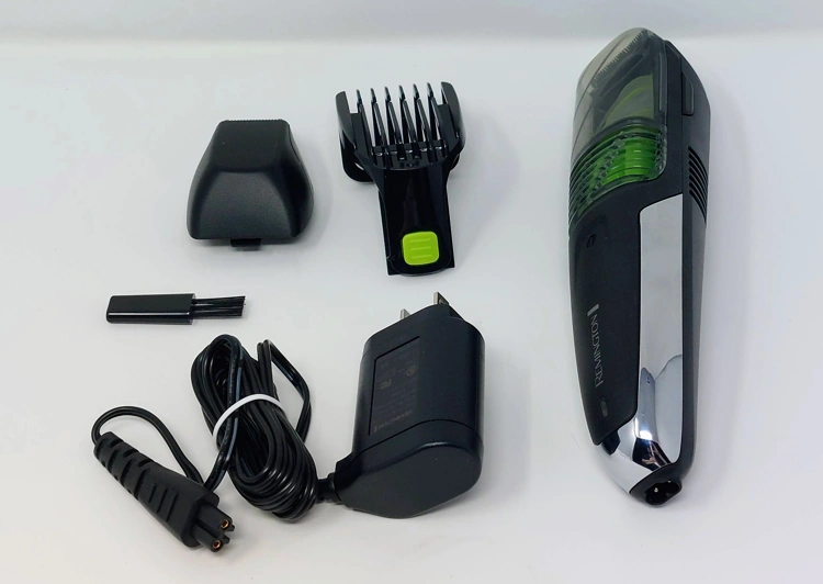 Remington Vacuum Beard and Stubble Trimmer unboxed with all components laid out