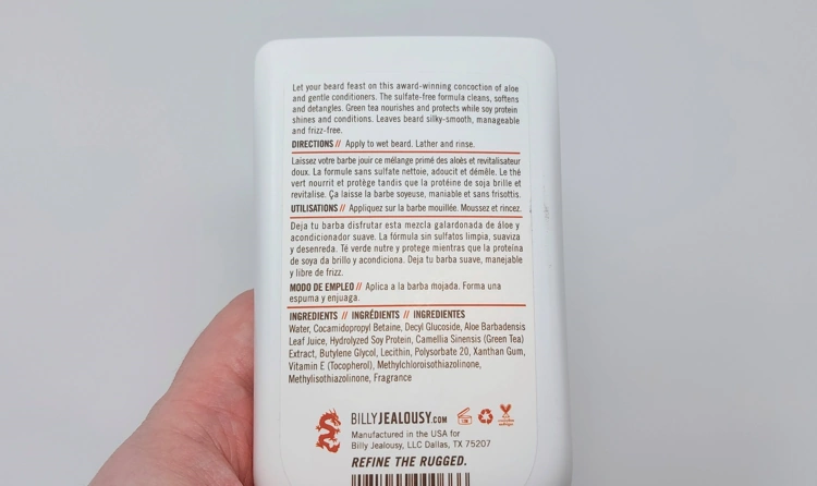 back of the Billy Jealousy Beard Wash bottle displaying the ingredients