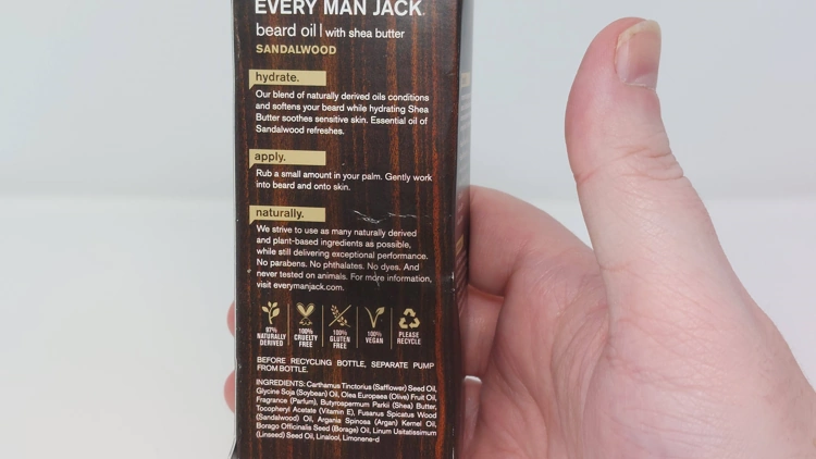 back of the Every Man Jack Beard Oil box displaying the ingredients