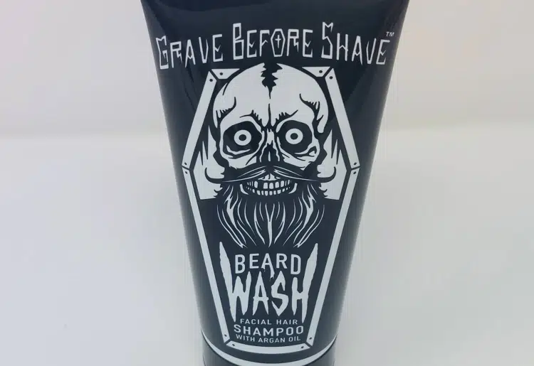 close up of Grave Before Shave Beard Wash Shampoo tube front design