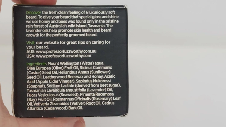 close up of Professor Fuzzworthy's Beard Shampoo Bar box showing ingredients