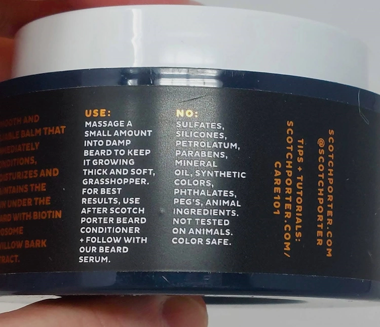 close up of instructions on the Scotch Porter Conditioning Beard Balm tub
