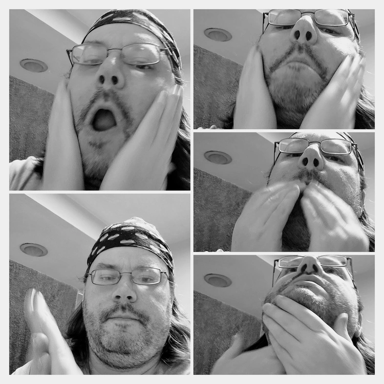 collage of Reviewer Robert applying Every Man Jack Beard Oil bottle on his face