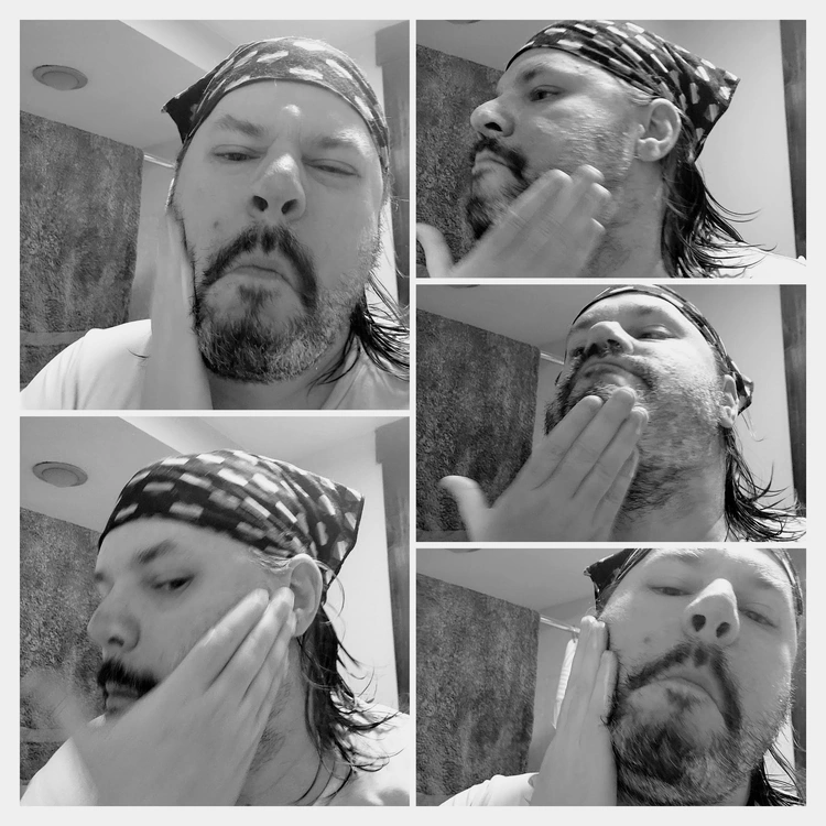 collage of Reviewer Robert testing Grave before shave beard conditioner on his face