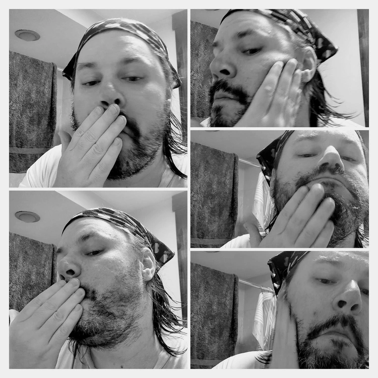 collage of Reviewer Robert testing Grave before shave beard oil on his face