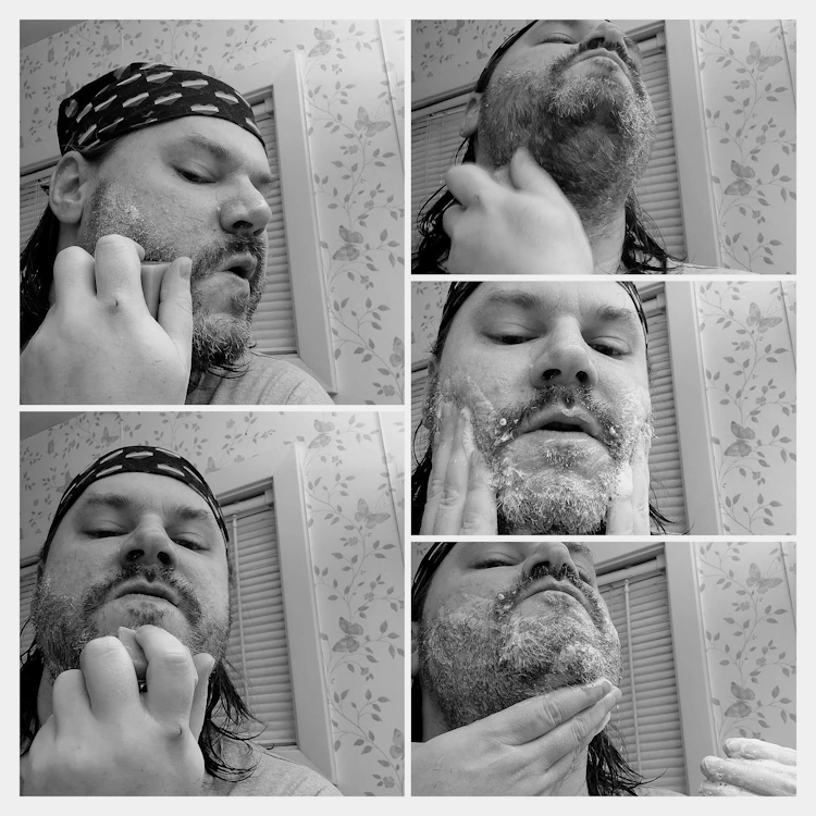 collage of reviewer Robert using the Professor Fuzzworthy's Beard Shampoo Bar