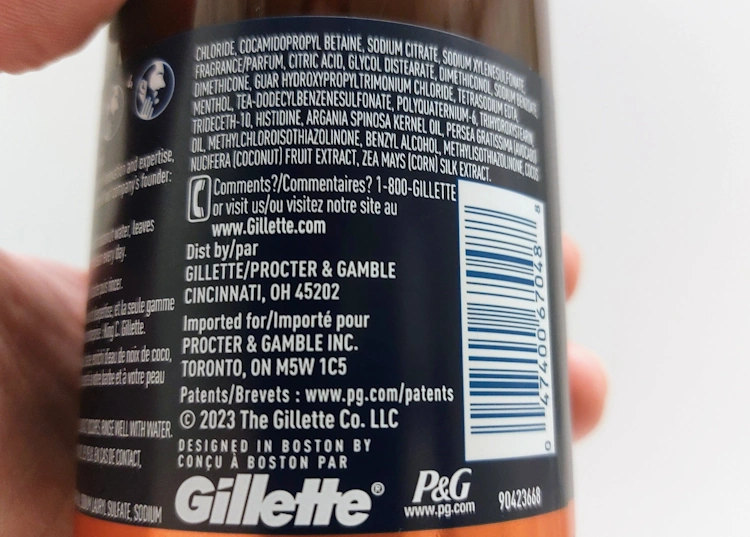 close up of King C. Gillette Beard & Face Wash label ingredients