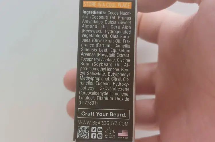 close up of the Beard Guyz Beard Balm ingredients on the box