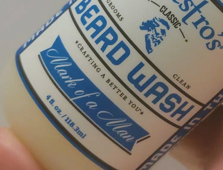 close up of the Maestro Classic Beard Wash label written Mark of Man