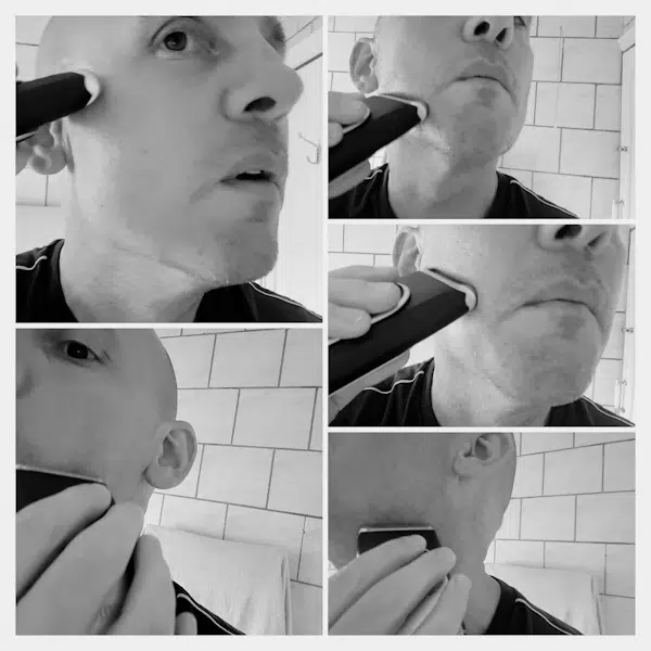 collage of reviewer Jason shaving with the Braun MobileShave M-90 travel shaver
