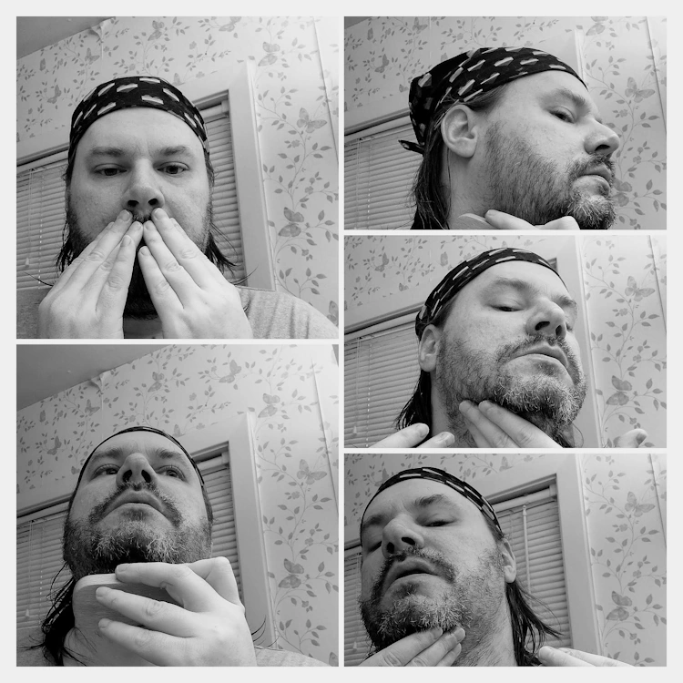 collage of reviewer Robert applying Honest Amish Beard Balm on his beard