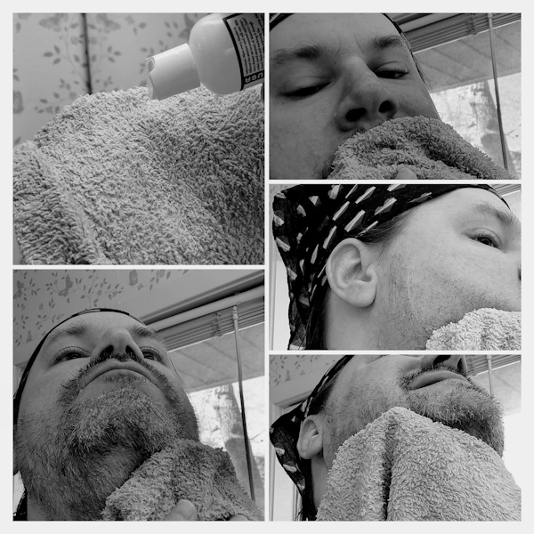 collage of reviewer Robert applying Maestro Classic Beard Wash on his beard in the bathroom