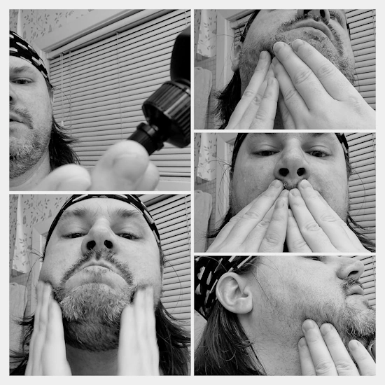 collage of reviewer Robert applying the Bossman Beard Jelly on his beard