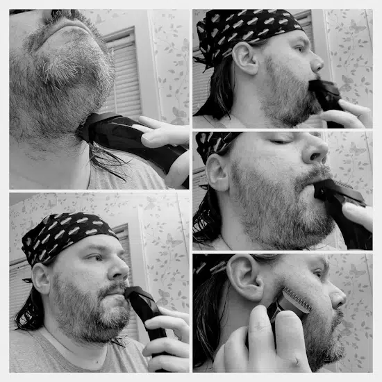 collage of reviewer Robert using Manscaped The Beard Hedger on his beard
