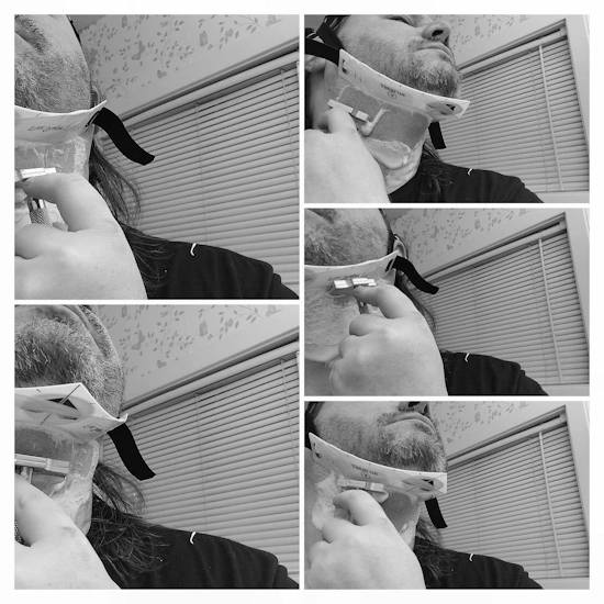 collage of reviewer robert using a safety razor with the Aberlite Flexshaper on his face