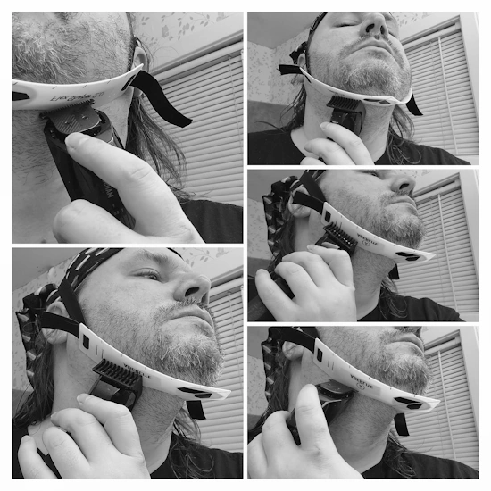 collage of reviewer robert using a trimmer with the Aberlite Flexshaper on his face