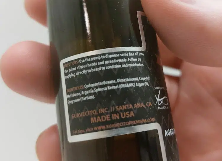 close up of Suavecito Premium Blends Beard Oil ingredients label