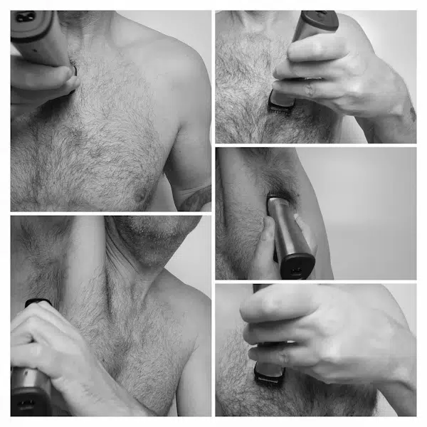 collage of reviewer Jason body grooming with the Philips Norelco Multigroom MG7750