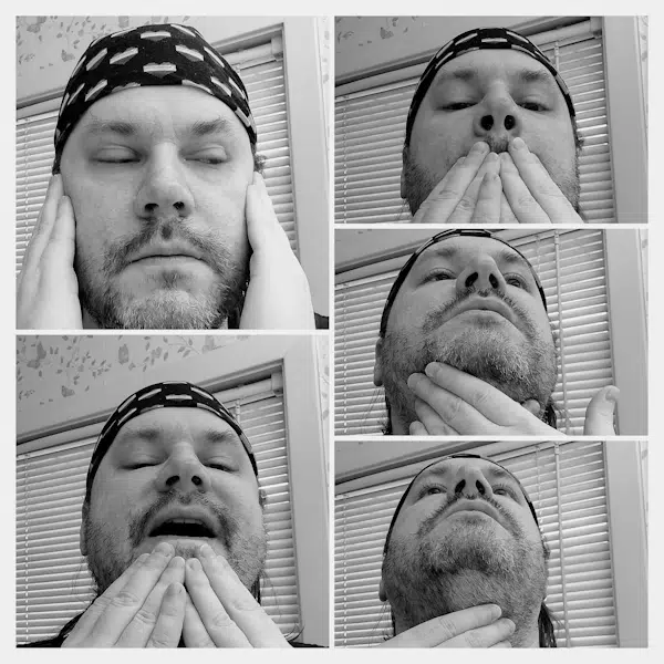 collage of reviewer Robert applying King C Gillette Soft Beard Balm to his beard and face