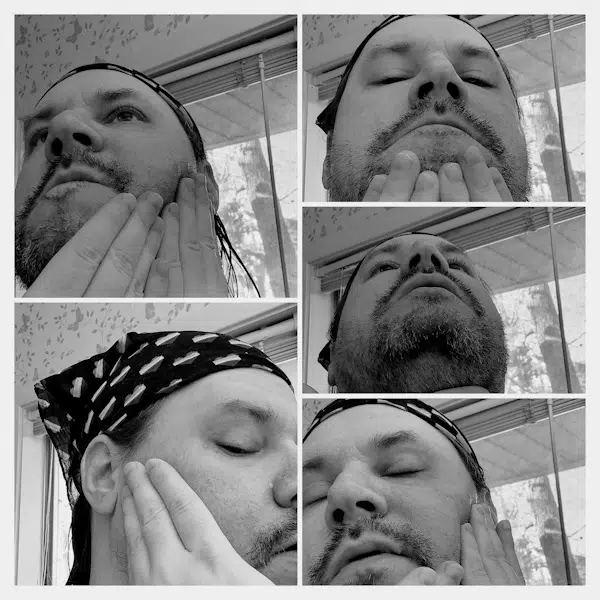 collage of reviewer Robert using Suavecito Premium Blends Beard Oil on his beard
