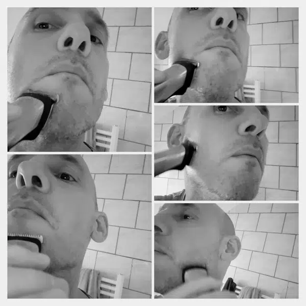 collage of reviewer beard trimming with the Philips Norelco Multigroom MG7750