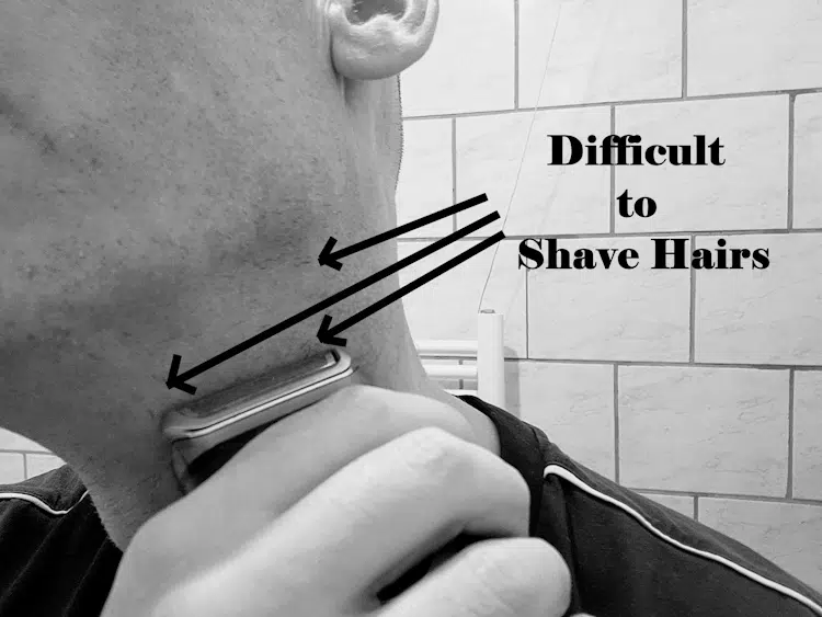 text on image and face using the Braun MobileShave M-60 showing the difficult to shave hairs