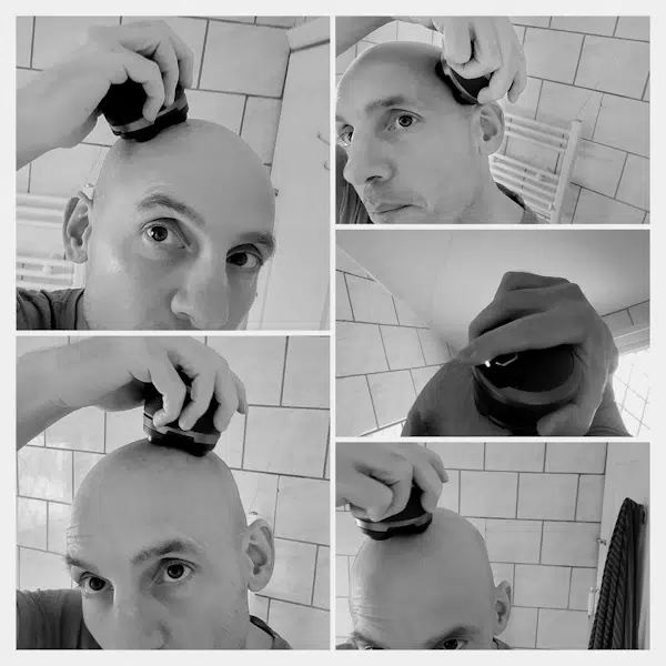 collage of reviewer Jason head shaving with Microtouch Titanium Head Shaver