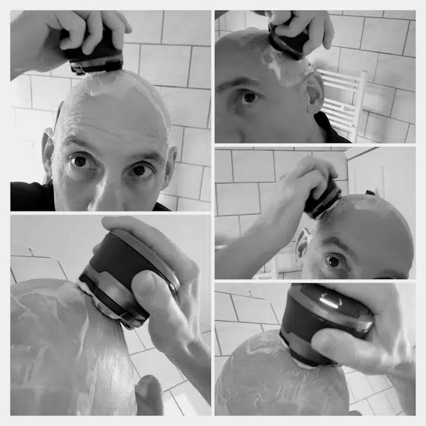collage of reviewer Jason head shaving with cream and the Microtouch Titanium Head Shaver