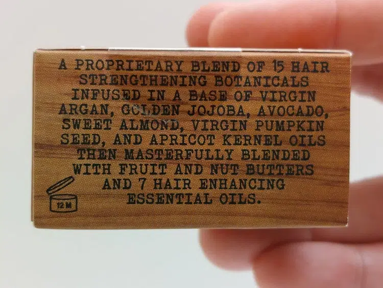 ingredients on the back of a beard balm box