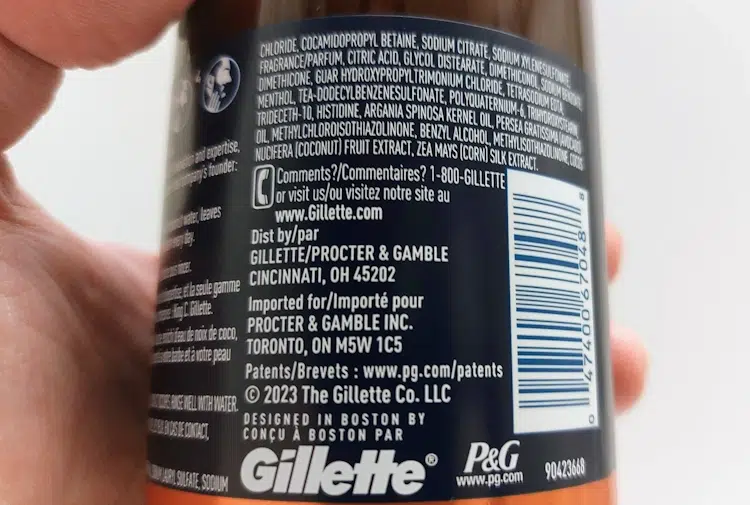 ingredients on the back of a beard wash bottle made by Gillette