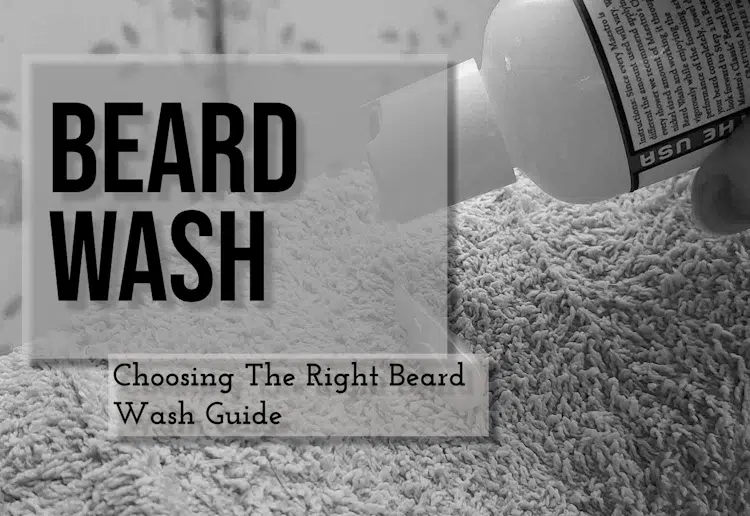 squeezing beard wash from bottle on wash cloth with text