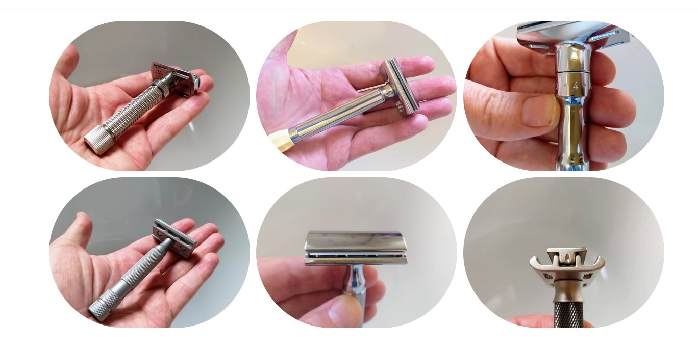 6 adjustable razors held in the hand