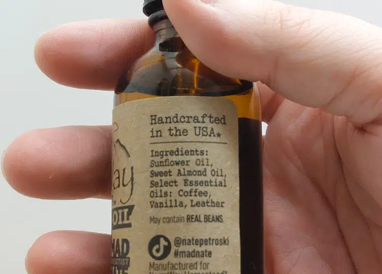 close up of Narroway Beard Oil label ingredients